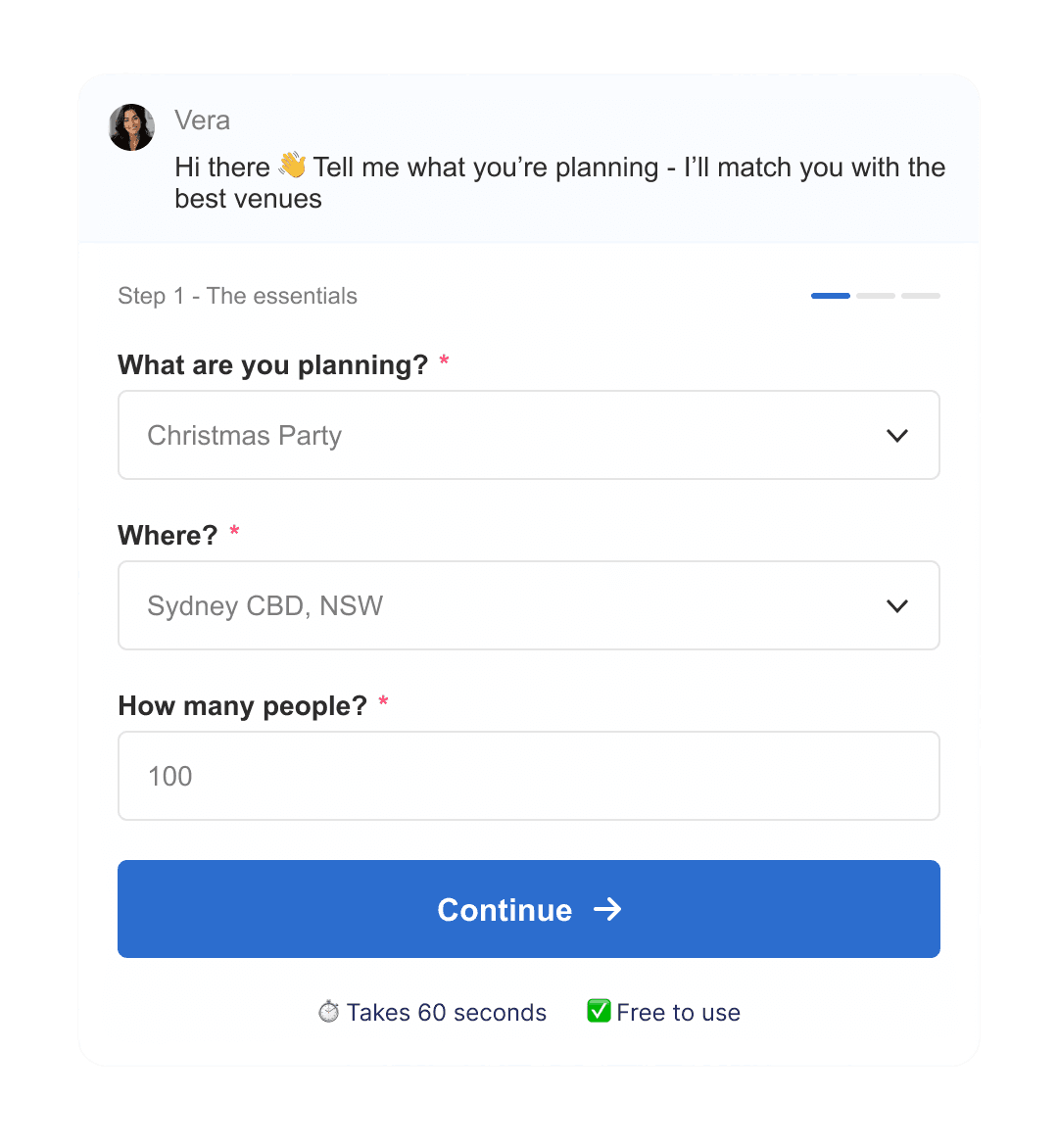 Vera AI venue finder chat interface