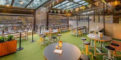 Combined Lounge, Garden & River Terrace with Yarra Views at Hophaus